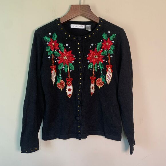Victoria Jones Woman Sweaters - Vintage Victoria Jones Poinsettia Ornament Black Embroidered Sequin Cardigan Med